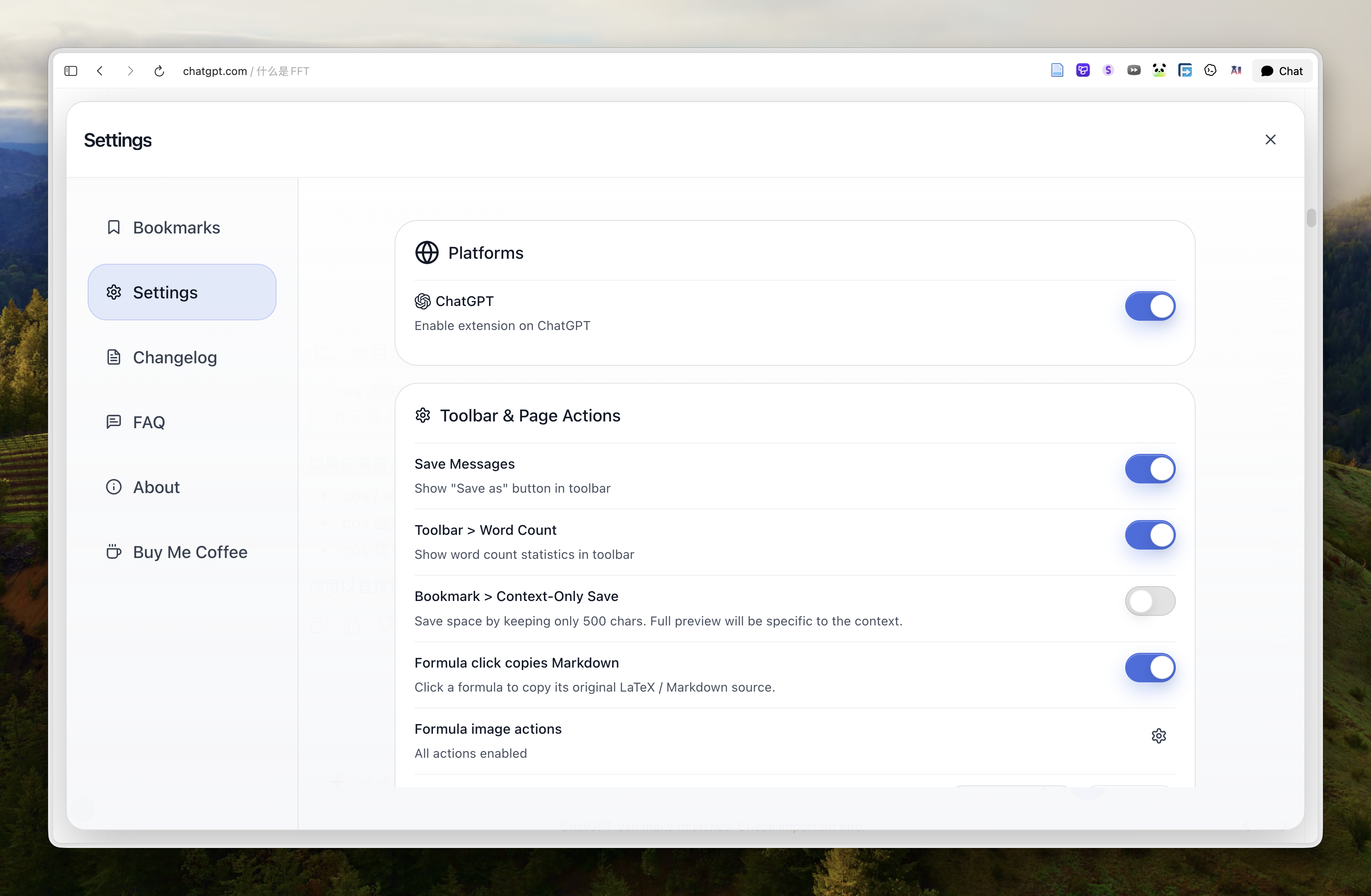 AI-MarkDone settings page showing ChatGPT extension toolbar Reader and formula action options
