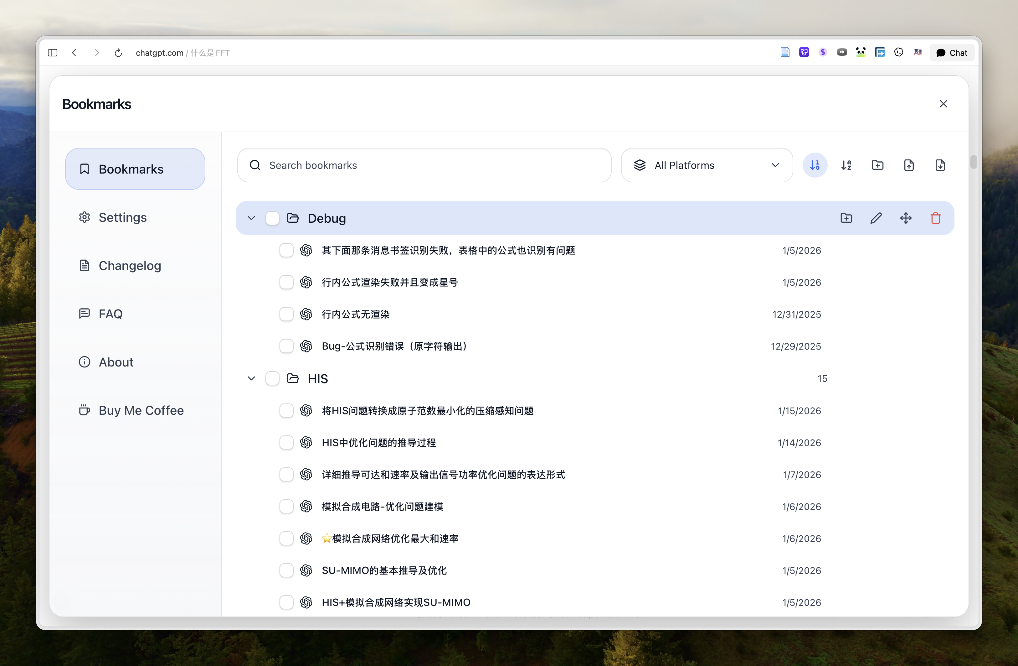 AI-MarkDone bookmark manager showing ChatGPT answer folders search and preview
